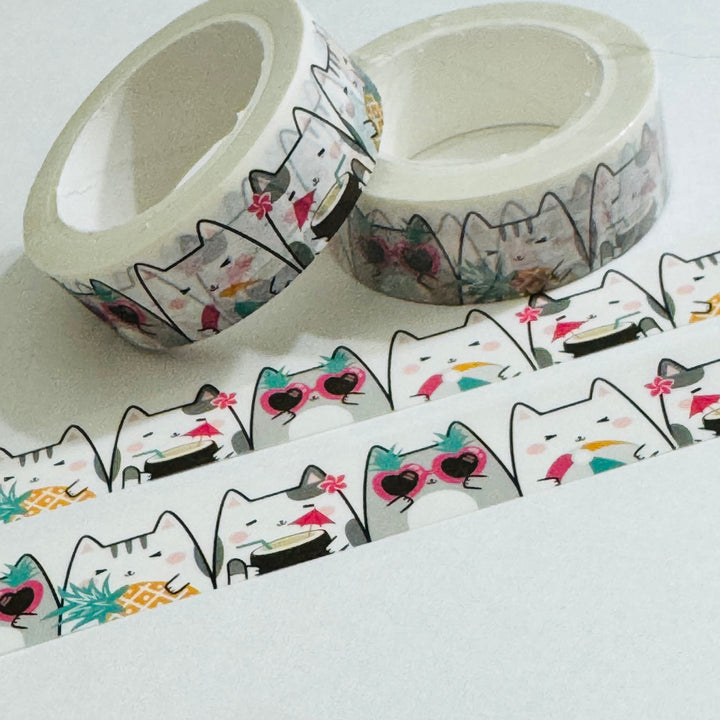 TROPICAL VACATIONING CATS Washi Tape - 1 Roll - 15mm x 10m (33 Feet)