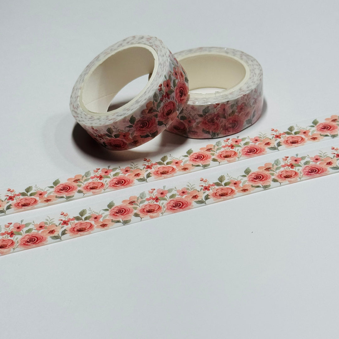 PEACH CABBAGE ROSES Floral Washi Tape ~ 1 Roll ~ 15mm x 10m (33 Feet)