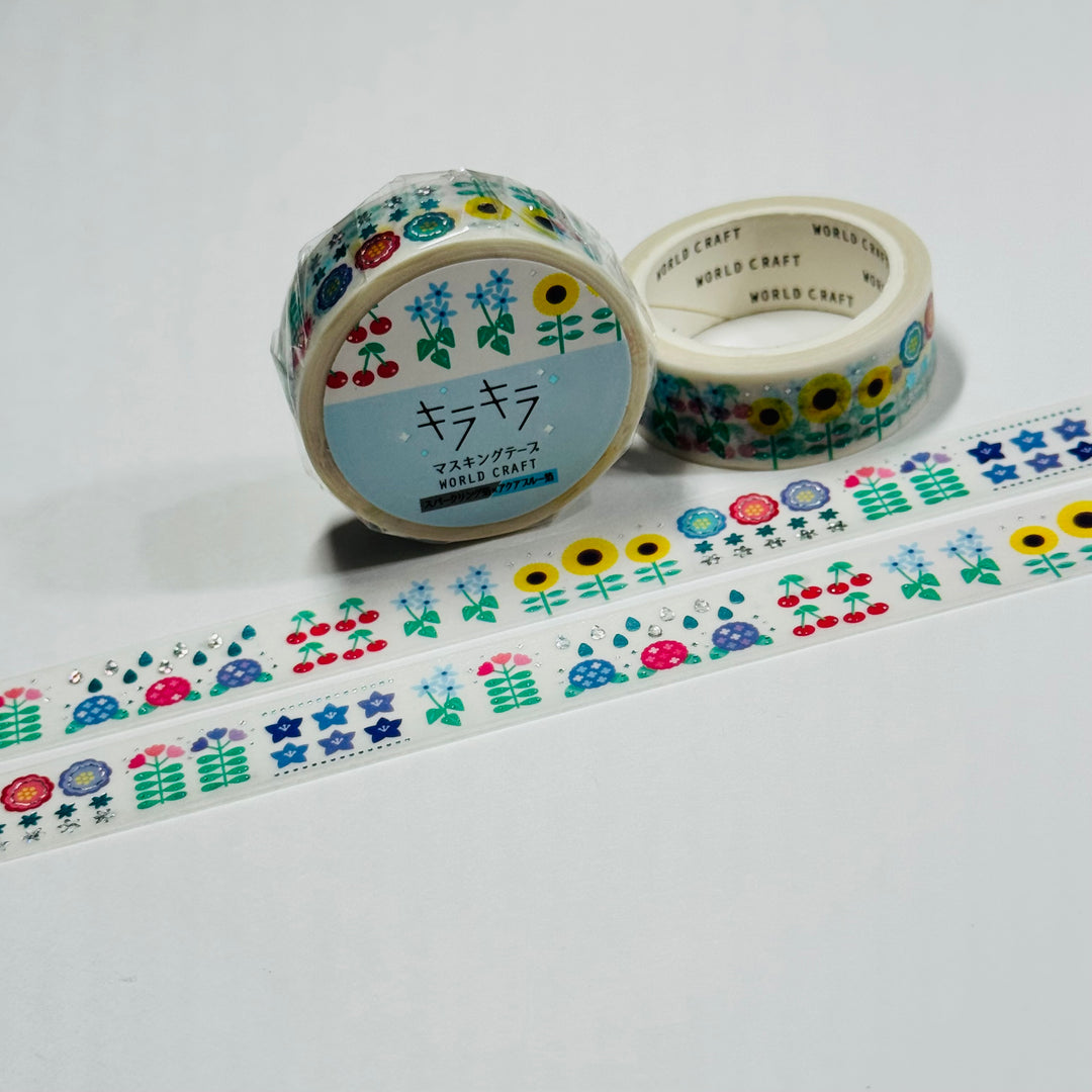 SUMMER BLOSSOMS Silver Accent Flowers World Craft Washi Tape ~ 1 Roll ~ 15mm x 5m (16 Feet)