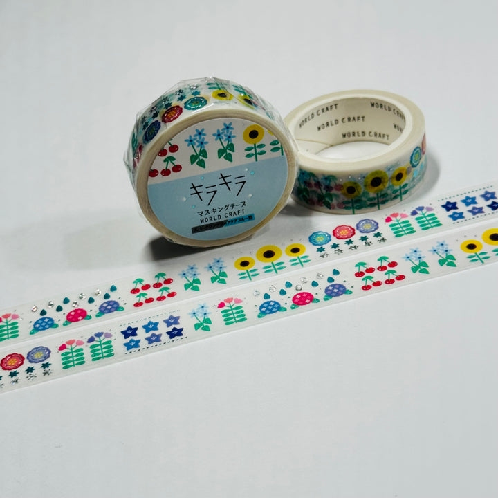 SUMMER BLOSSOMS Silver Accent Flowers World Craft Washi Tape ~ 1 Roll ~ 15mm x 5m (16 Feet)