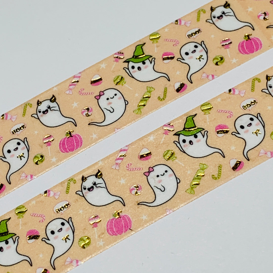 TRICK OR TREATING GHOSTS In Peach & Gold Foil Halloween Washi Tape ~ 1 Roll ~ 15mm x 10m (33 Feet)