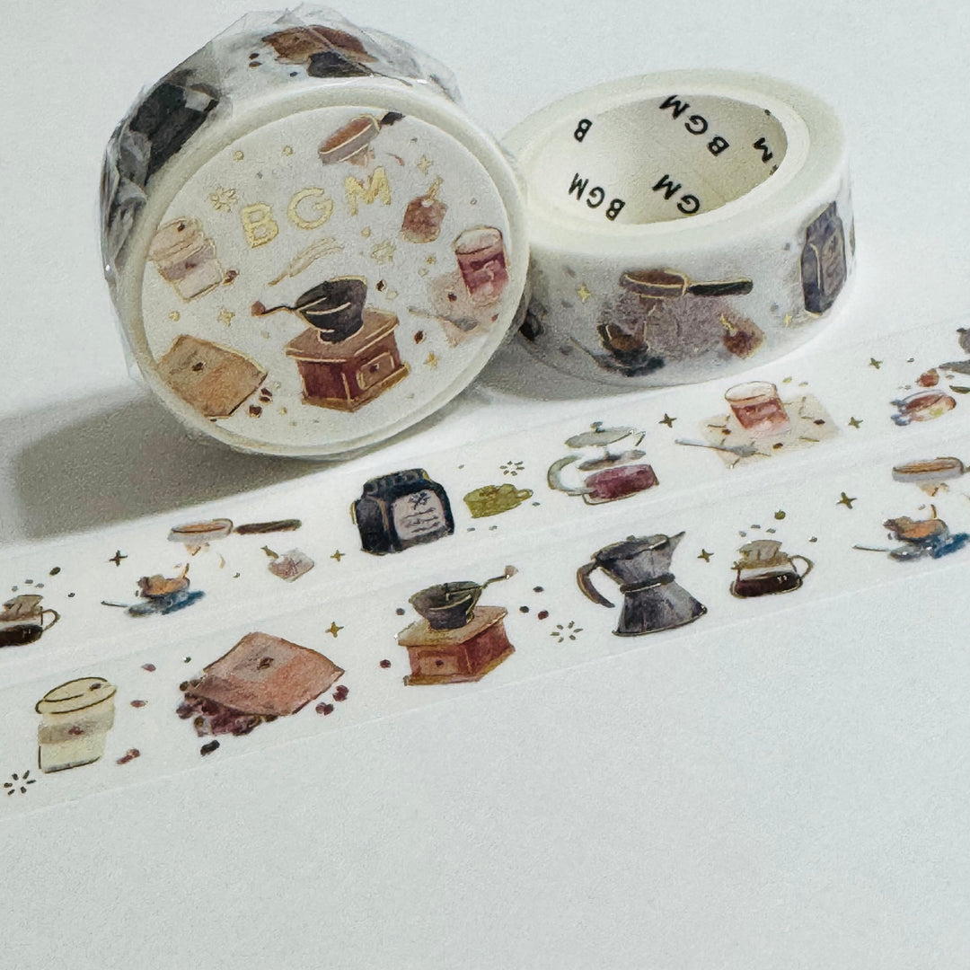 COFFEE GRINDER & French Press BGM Gold Foil Washi Tape ~ 1 Roll ~ 15mm x 5m (16 Feet)