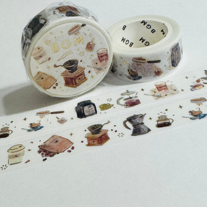 COFFEE GRINDER & French Press BGM Gold Foil Washi Tape ~ 1 Roll ~ 15mm x 5m (16 Feet)
