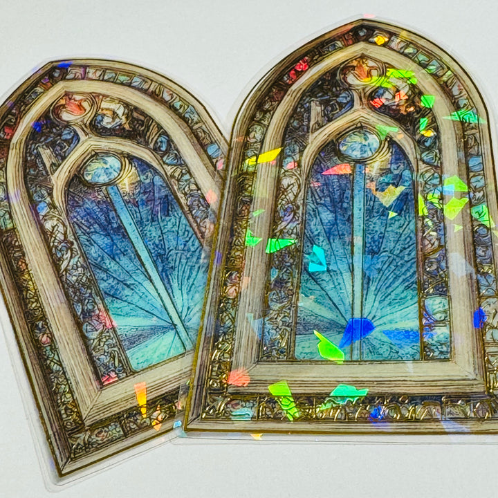 CATHEDRAL BLUE TINTED STAINED Glass Windows Gold Foil Peelable Stickers ~ 10 Large Stickers ~ 60-120mm