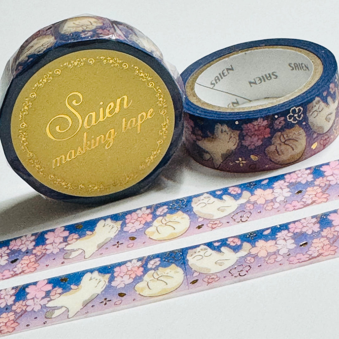 CATS ENJOYING SPRING SAKURA Gold Flower Saien Masking Washi Tape ~ 1 Roll ~ 15mm x 7m (23 Feet)