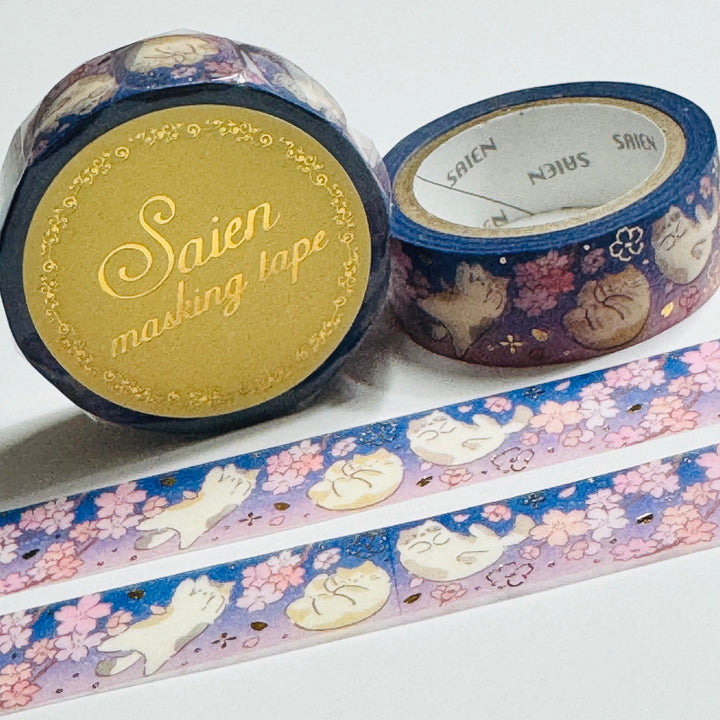 CATS ENJOYING SPRING SAKURA Gold Flower Saien Masking Washi Tape ~ 1 Roll ~ 15mm x 7m (23 Feet)
