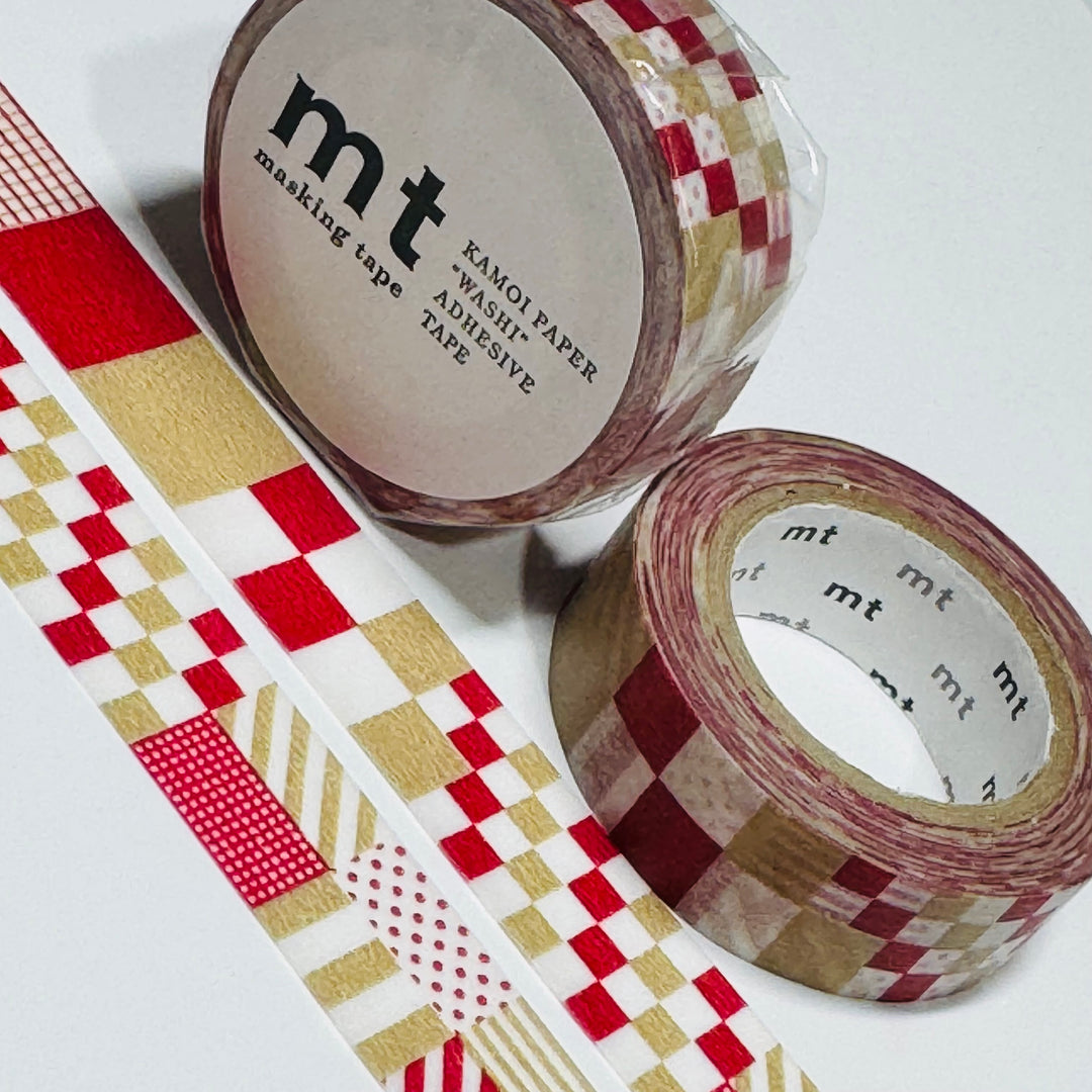 PATCHWORK RED & KHAKI Mt Washi Tape - 1 Roll - 15mm x 10m (33 Feet)