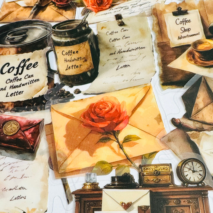 DAILY COFFEE ROUTINE WATEROLOR Peelable PET Stickers  ~ 53 Pieces ~ Approximately 2 Inches Each