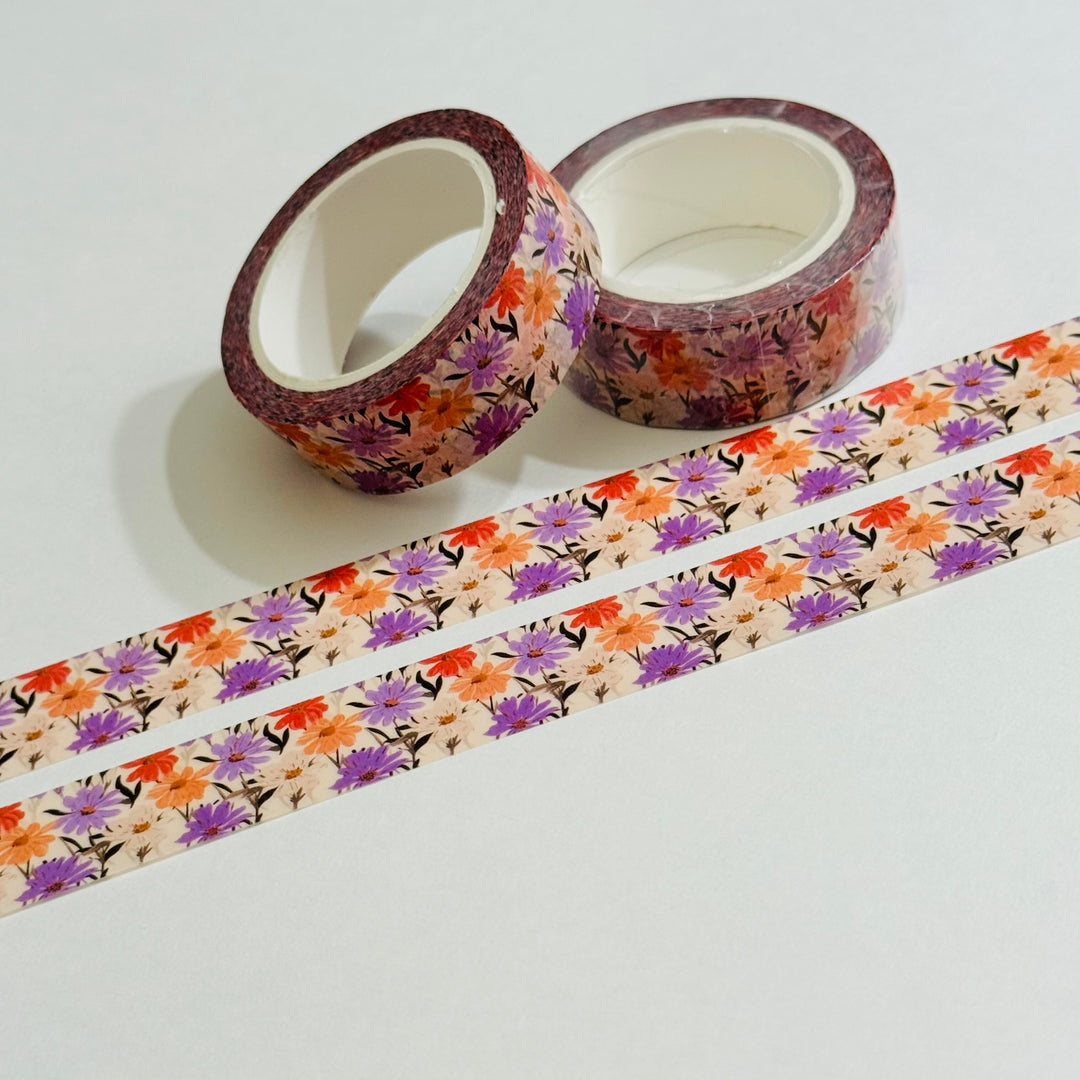 SPRING RAINBOW DAISIES Pink Peach Orange Washi Tape - 1 Roll - 15mm x 10m (33 Feet)