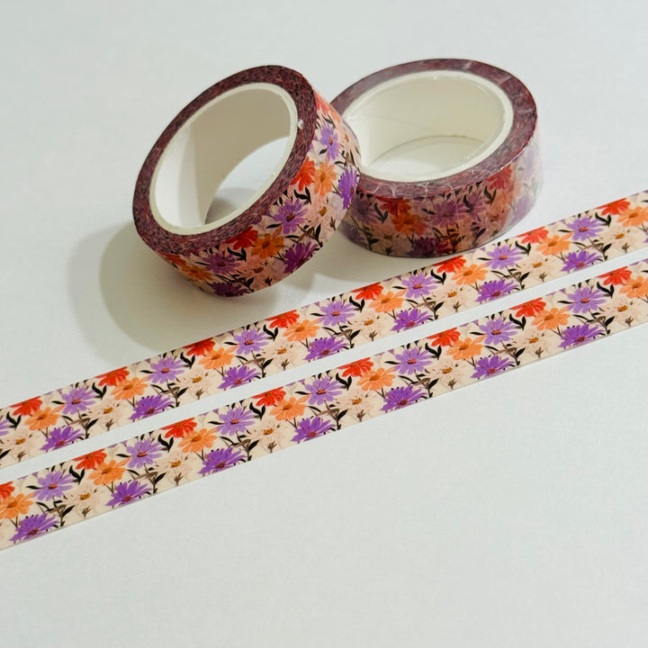 SPRING RAINBOW DAISIES Pink Peach Orange Washi Tape - 1 Roll - 15mm x 10m (33 Feet)