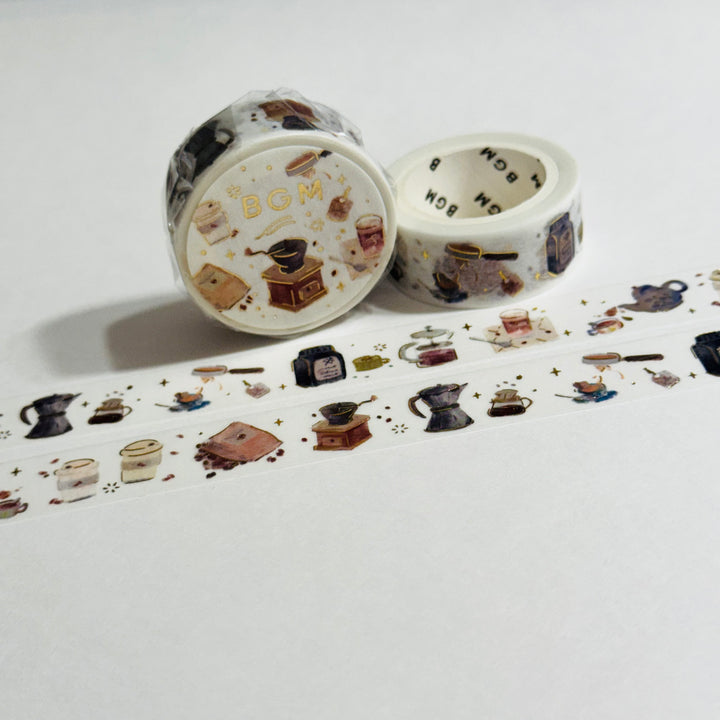COFFEE GRINDER & French Press BGM Gold Foil Washi Tape ~ 1 Roll ~ 15mm x 5m (16 Feet)