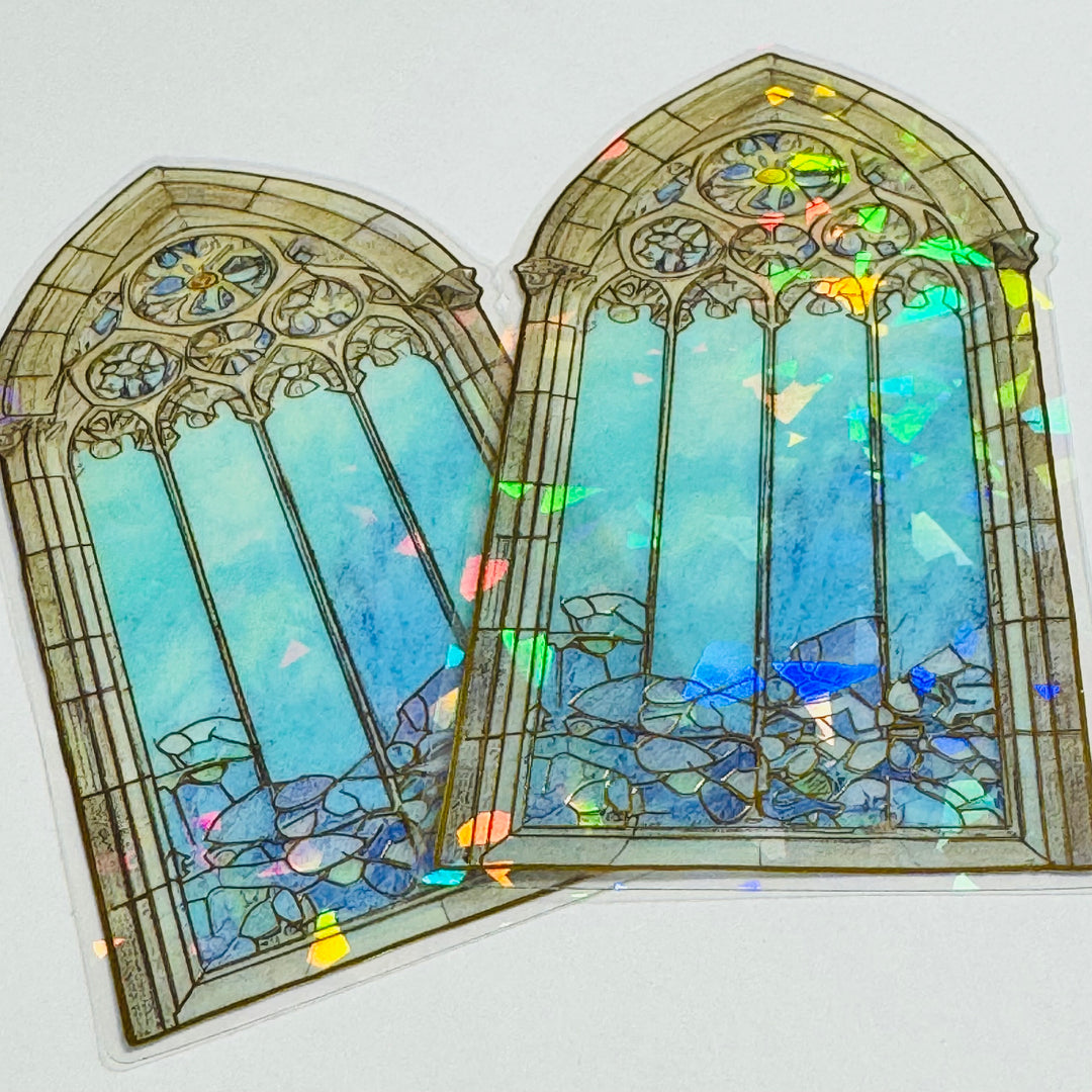 CATHEDRAL BLUE TINTED STAINED Glass Windows Gold Foil Peelable Stickers ~ 10 Large Stickers ~ 60-120mm