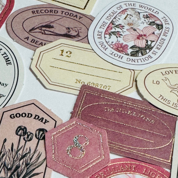 RECORD MY LIFE MOMENTS Gold Foil Label Stickers Box ~ 40 Stickers ~ 46-57mm Each