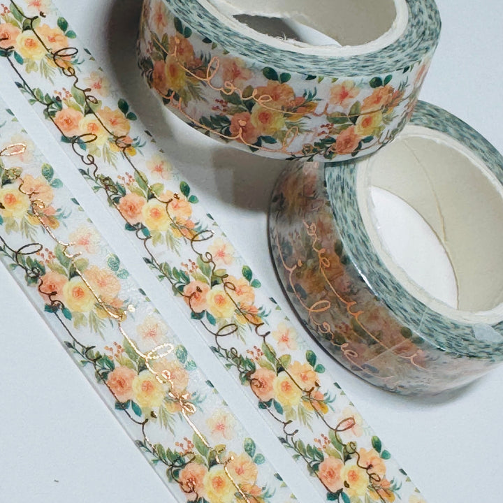 YELLOW ROSES I LOVE YOU Gold Foil Overlay Washi Tape ~ 1 Roll ~ 15mm x 10m (33 Feet)