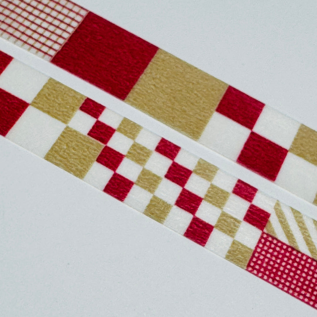 PATCHWORK RED & KHAKI Mt Washi Tape - 1 Roll - 15mm x 10m (33 Feet)