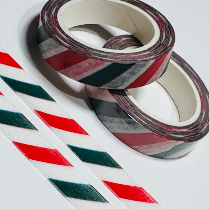 RED & GREEN DIAGONAL CHRISTMAS STRIPES Washi Tape ~ 1 Roll ~ 10mm x 10m (33 Feet)