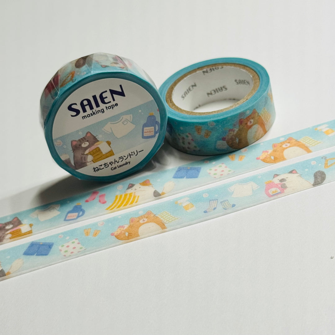 CAT LAUNDRY DAY Saien Masking Washi Tape ~ 1 Roll ~ 15mm x 7m (23 Feet)