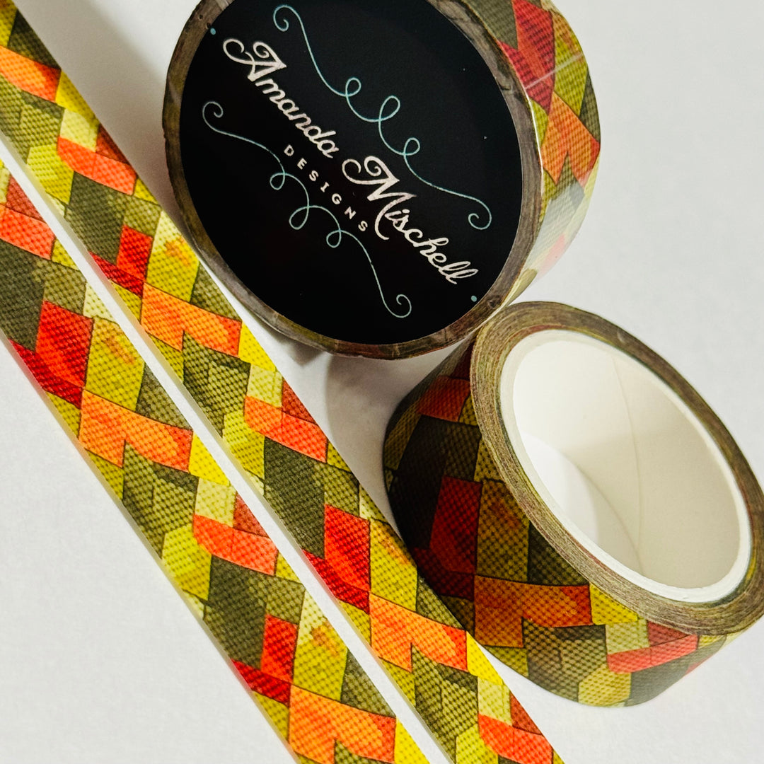 FALL HERRINGBONE PATTERN In Red, Green & Orange Amanda Mischell Washi Tape ~ 1 Roll ~ 15mm x 10m (33 Feet)