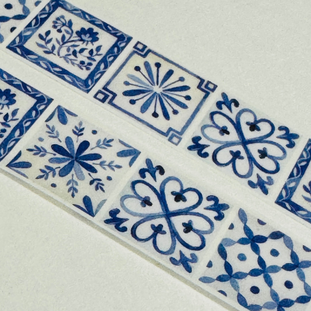 ITALIAN BLUE & WHITE Mosaic Tiles Summer Vacation Washi Tape ~ 1 Roll ~ 15mm x 10m (33 Feet)