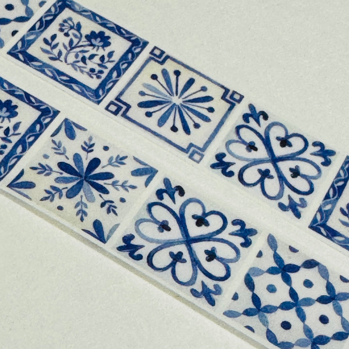 ITALIAN BLUE & WHITE Mosaic Tiles Summer Vacation Washi Tape ~ 1 Roll ~ 15mm x 10m (33 Feet)