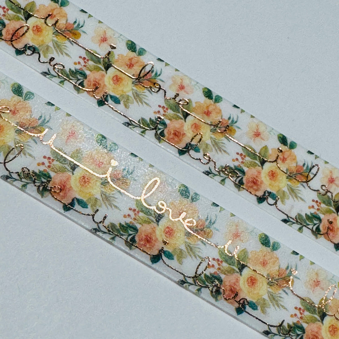 YELLOW ROSES I LOVE YOU Gold Foil Overlay Washi Tape ~ 1 Roll ~ 15mm x 10m (33 Feet)