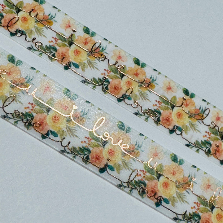 YELLOW ROSES I LOVE YOU Gold Foil Overlay Washi Tape ~ 1 Roll ~ 15mm x 10m (33 Feet)