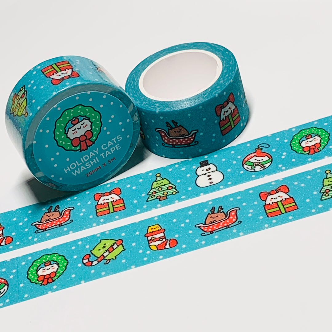 GLITTERY CAT BLUE CHRISTMAS ICONS Robot Dance Battle Washi Tape ~ 1 Roll ~ 25mm x 5m (16 Feet)