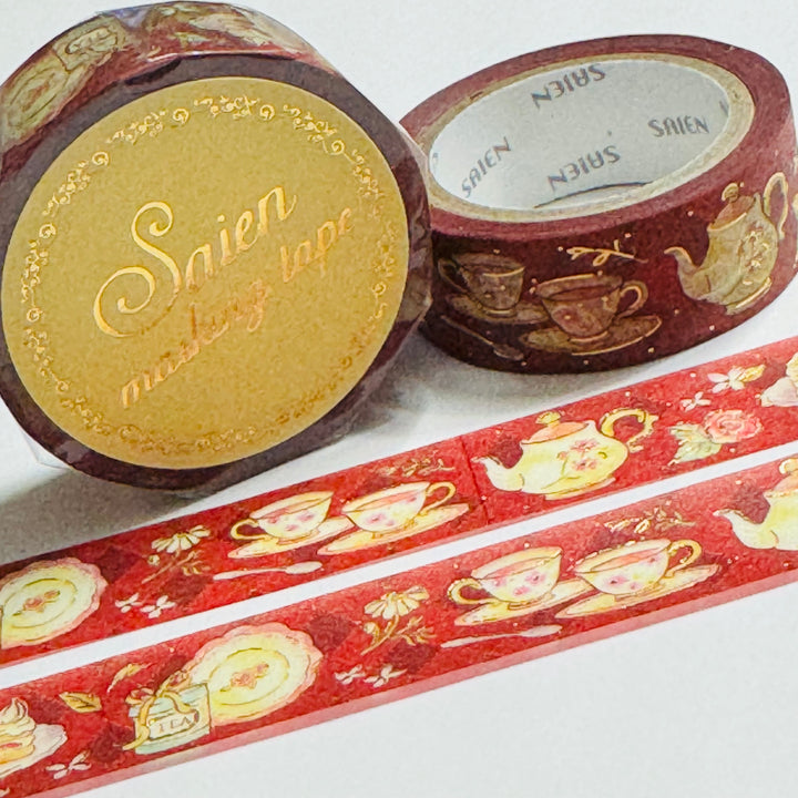 CLASSICAL TEA PARTY  Gold Foil Saien Masking Washi Tape - 1 Roll - 15mm x 7m (23 Feet)