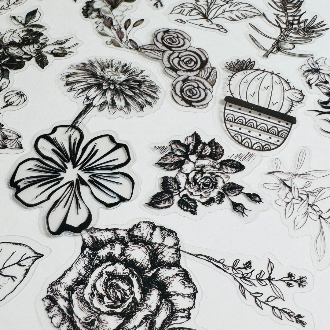 MONOCHROMATIC BLACK SKETCHED Flowers Transparent Peelable Sticker Ephemera Pack ~ 60  Pieces ~ Each Sticker is  20-50mm