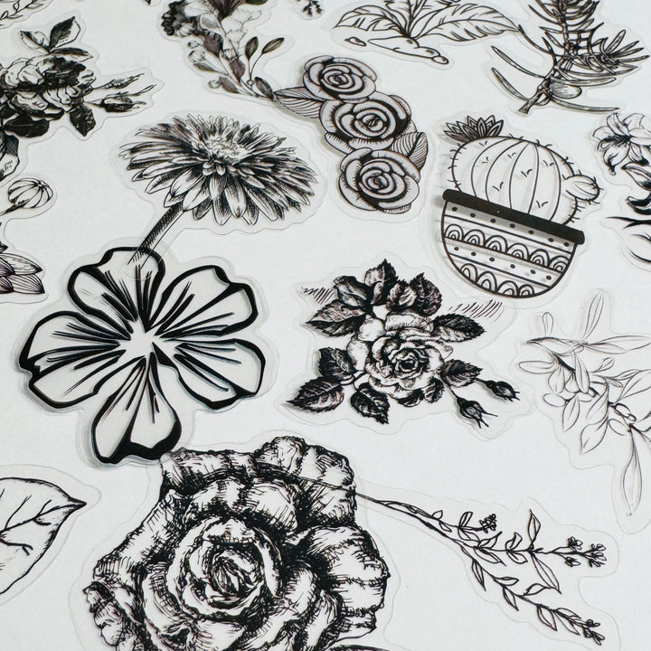 MONOCHROMATIC BLACK SKETCHED Flowers Transparent Peelable Sticker Ephemera Pack ~ 60  Pieces ~ Each Sticker is  20-50mm