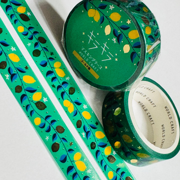 GLAMOROUS LEMON TREE Gold Accent Flowers World Craft Washi Tape ~ 1 Roll ~ 15mm x 5m (16 Feet)