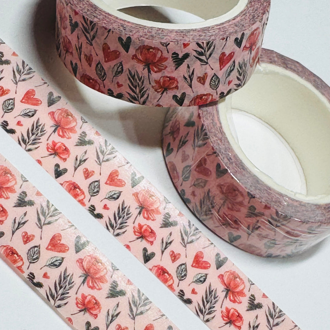 TOSSED FLOWERS HEARTS & BRANCHES Valentine Washi Tape ~ 1 Roll ~ 15mm x 10m (33 Feet)