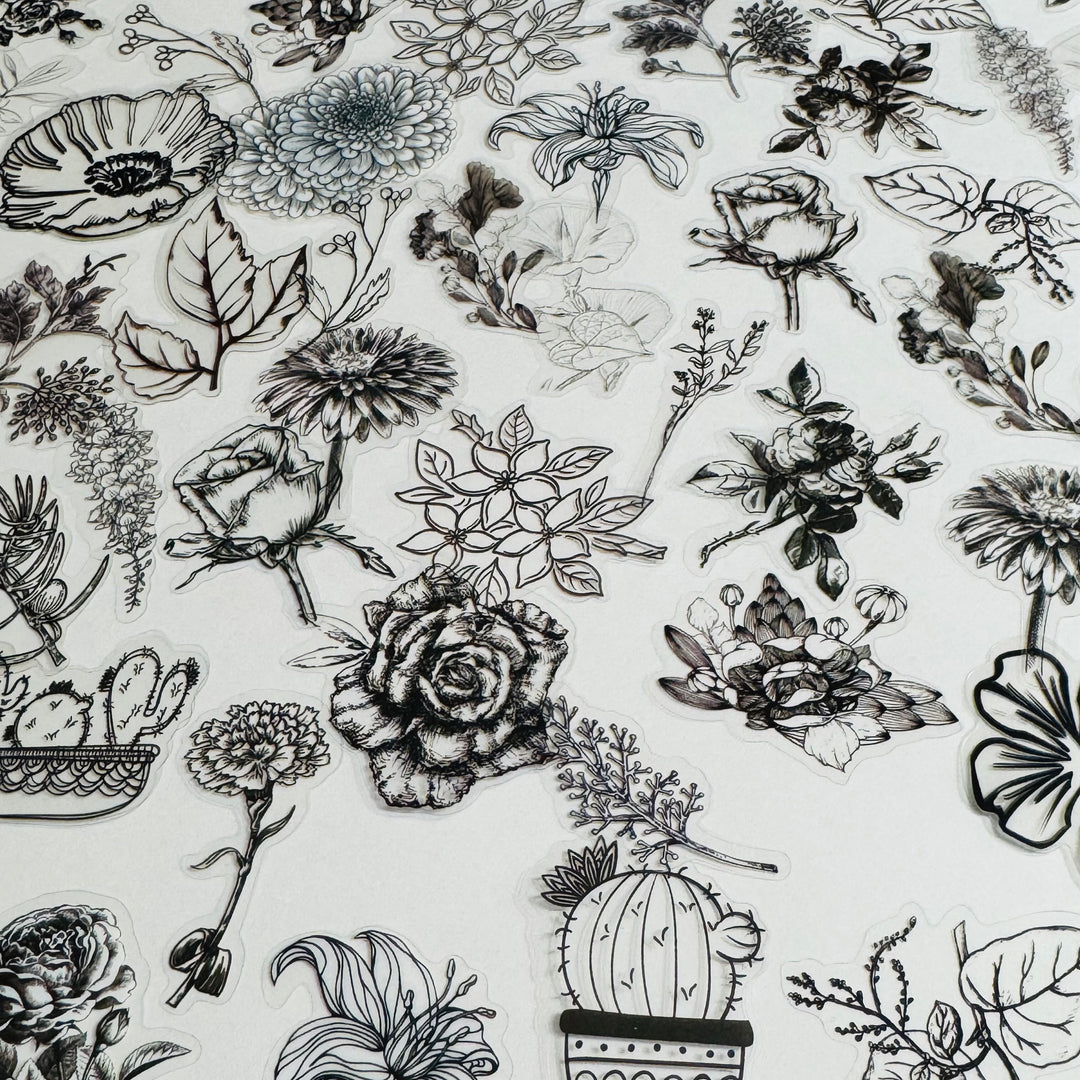 MONOCHROMATIC BLACK SKETCHED Flowers Transparent Peelable Sticker Ephemera Pack ~ 60  Pieces ~ Each Sticker is  20-50mm