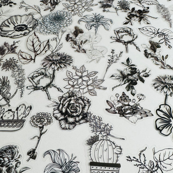 MONOCHROMATIC BLACK SKETCHED Flowers Transparent Peelable Sticker Ephemera Pack ~ 60  Pieces ~ Each Sticker is  20-50mm