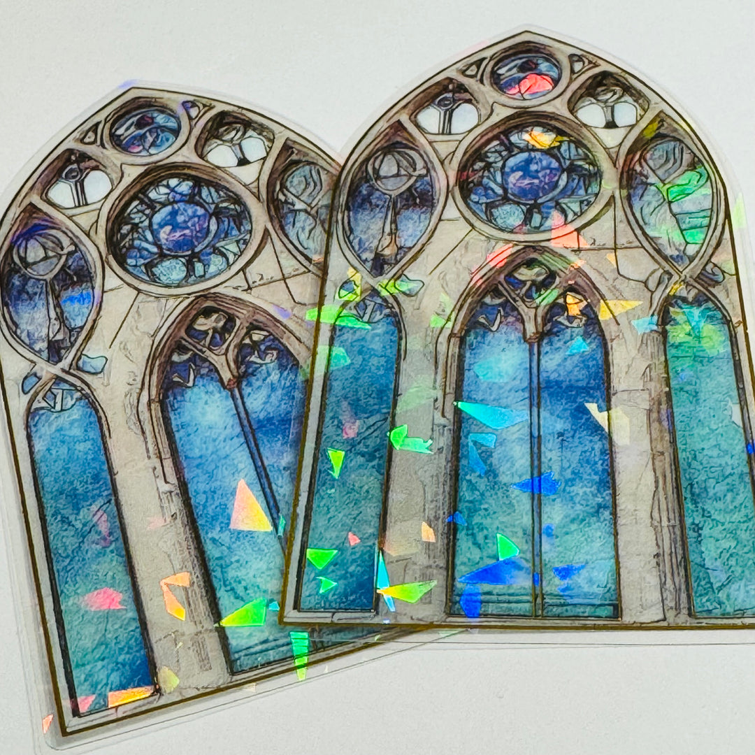 CATHEDRAL BLUE TINTED STAINED Glass Windows Gold Foil Peelable Stickers ~ 10 Large Stickers ~ 60-120mm