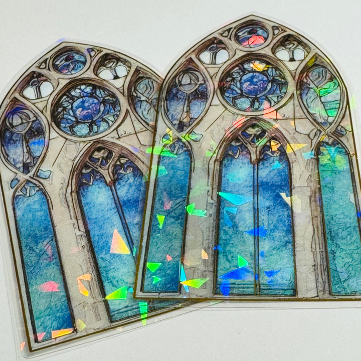 CATHEDRAL BLUE TINTED STAINED Glass Windows Gold Foil Peelable Stickers ~ 10 Large Stickers ~ 60-120mm