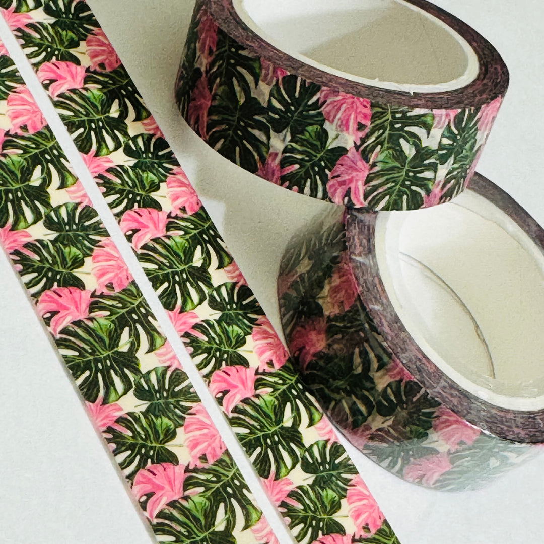 PINK & GREEN TROPICAL Foliage Leaves Washi Tape ~ 1 Roll ~ 15mm x 10m (33 Feet)