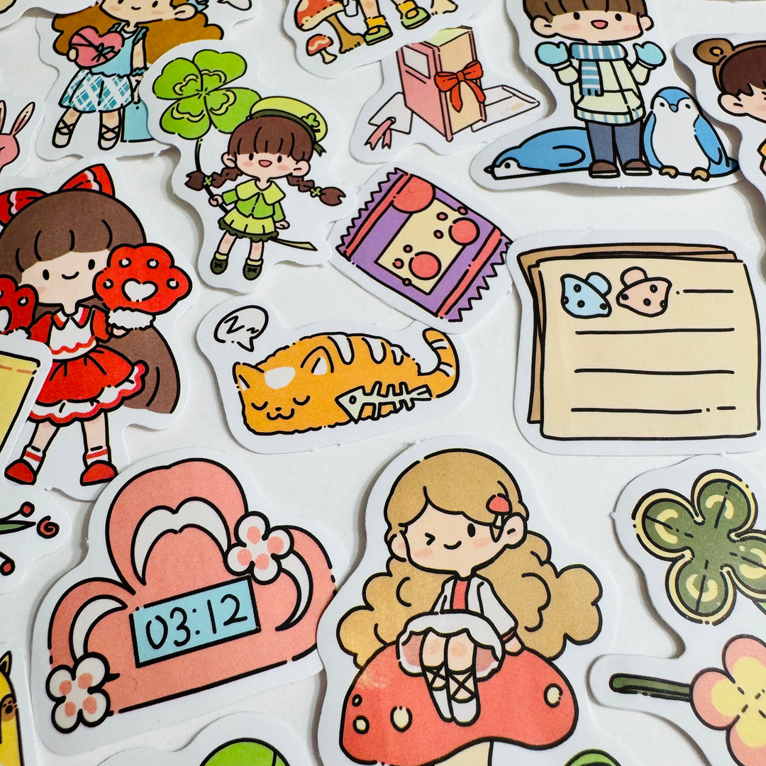 CUTE CARTOON GIRL PLAYTIME PVC Peelable Stickers  ~ 80 Pieces ~ 10-40mm Each
