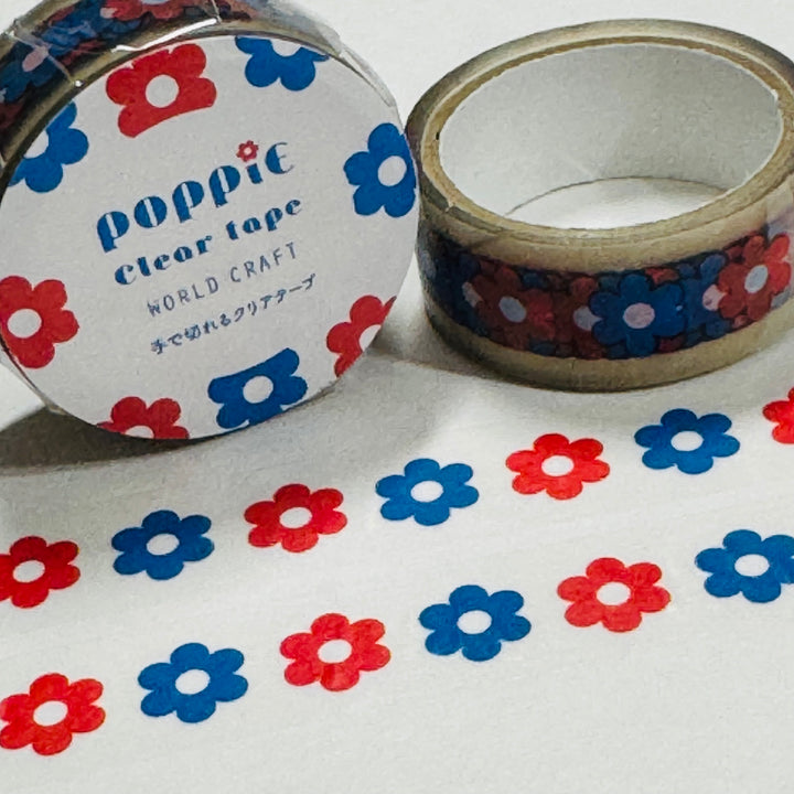 PATRIOTIC RED & BLUE Flowers World Craft Clear Washi Tape ~ 1 Roll ~ 15mm x 5m (16 Feet)