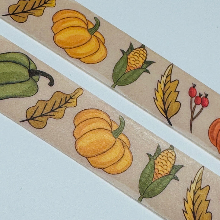 HARVEST ESSENTIALS CORN PUMPKINS & APPLES Washi Tape ~ 1 Roll ~ 15mm x 10m (33 Feet)