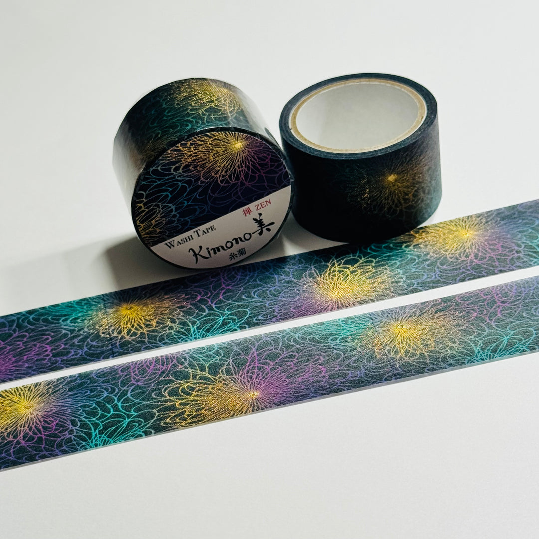 ELECTRIC SPINY CHRYSANTHEMUM Kimono Gold Foil Saien Washi Tape ~ 1 Roll ~ 25mm x 5m (16 Feet)