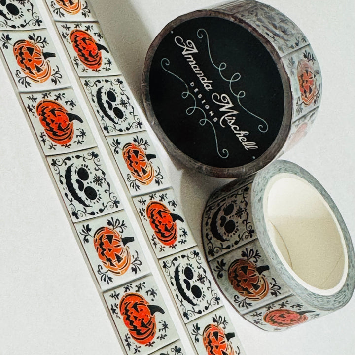 STENCILED HALLOWEEN WHITEWASHED Tiles Amanda Mischell Washi Tape ~ 1 Roll ~ 18mm x 10m (33 Feet)