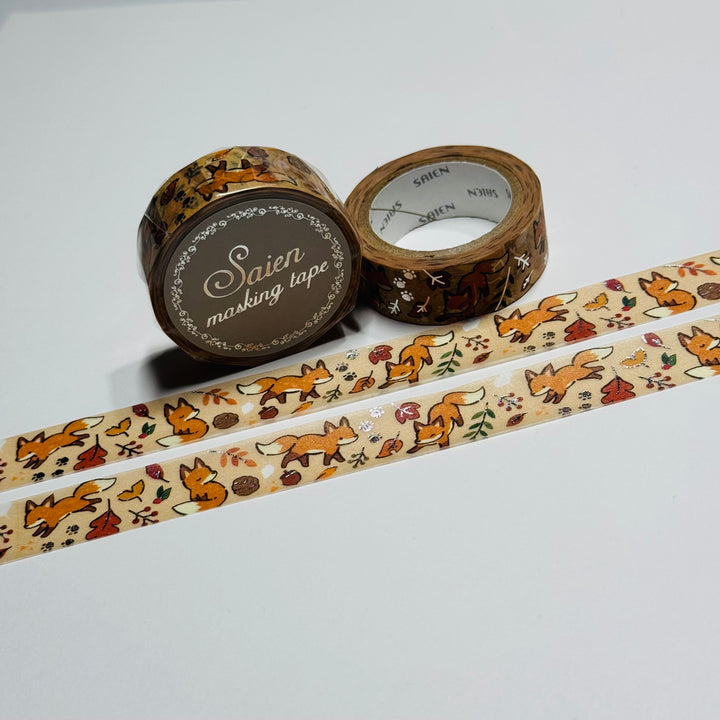 LITTLE FOXES In Silver Foil Saien Masking Washi Tape ~ 1 Roll ~ 15mm x 7m (23 Feet)