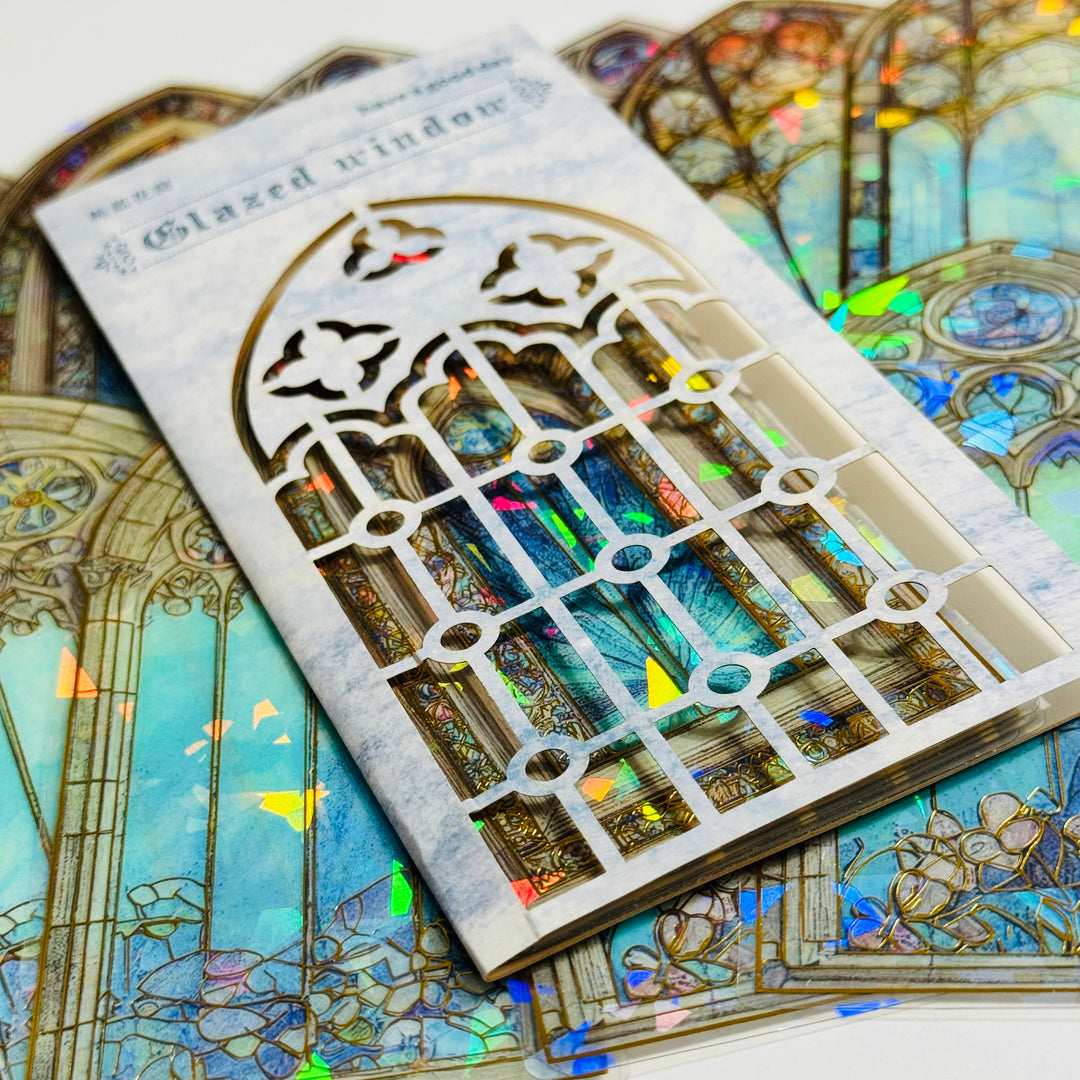 CATHEDRAL BLUE TINTED STAINED Glass Windows Gold Foil Peelable Stickers ~ 10 Large Stickers ~ 60-120mm