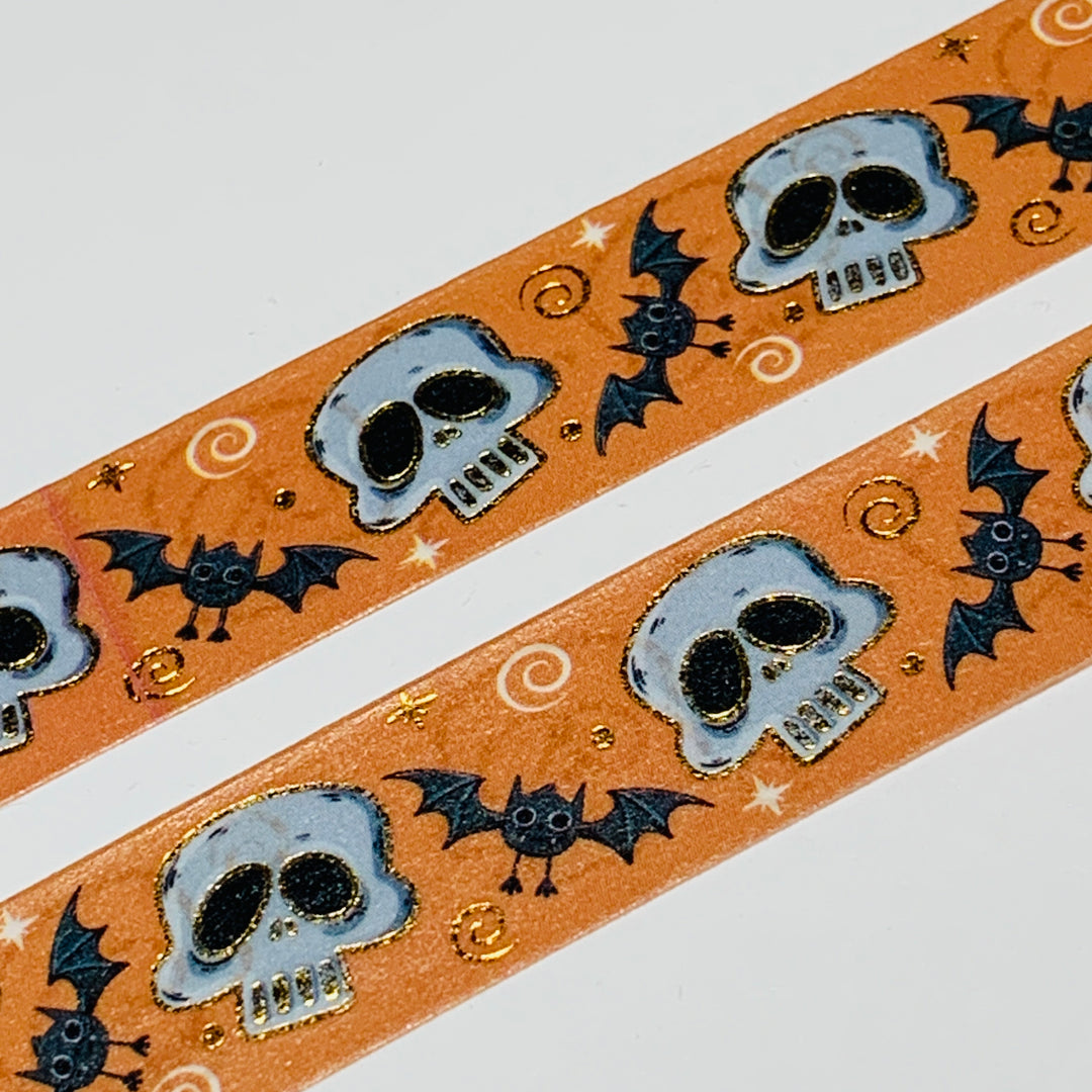 CRANIUM SKULL & BATS Gold Foil Halloween Washi Tape ~ 1 Roll ~ 15mm x 10m (33 Feet)