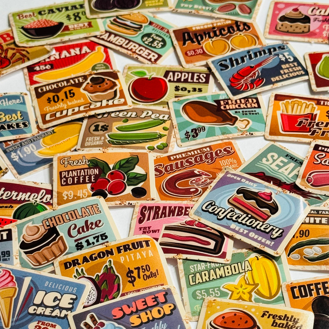 VINTAGE RETRO GROCERY FOOD Advertising Peelable Stickers  ~ 45 Pieces ~ Each Sticker is 38mm x 38mm