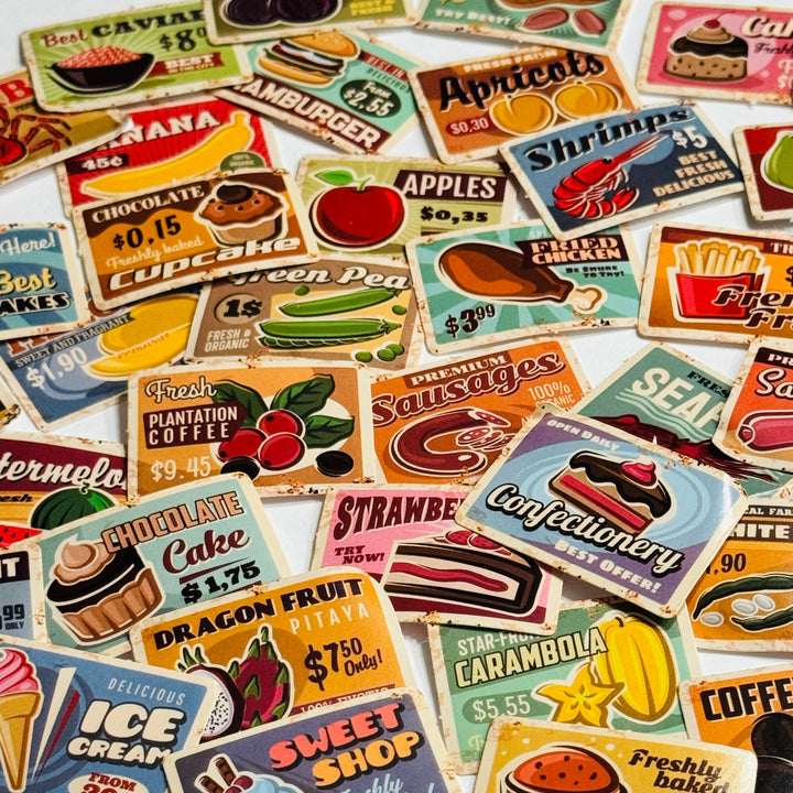 VINTAGE RETRO GROCERY FOOD Advertising Peelable Stickers  ~ 45 Pieces ~ Each Sticker is 38mm x 38mm