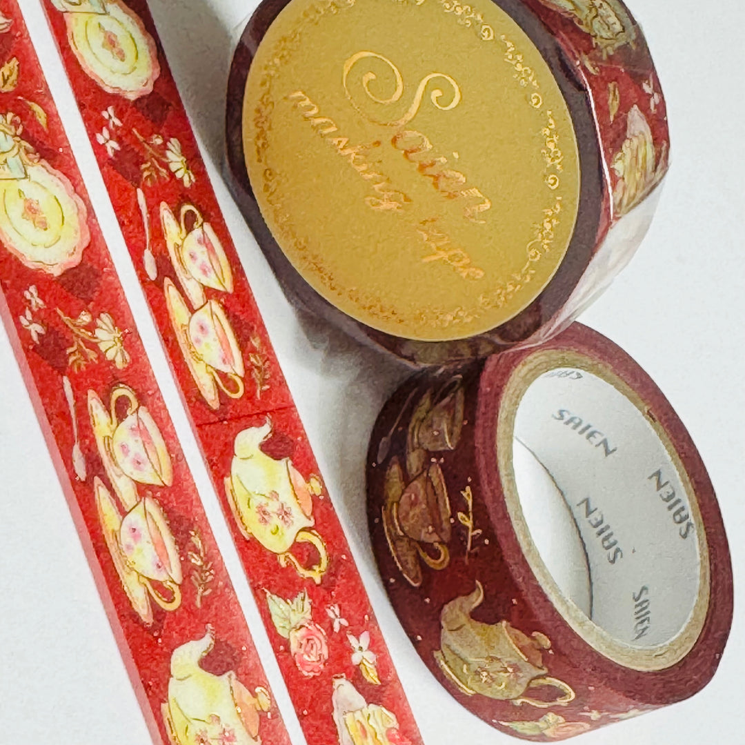 CLASSICAL TEA PARTY  Gold Foil Saien Masking Washi Tape - 1 Roll - 15mm x 7m (23 Feet)