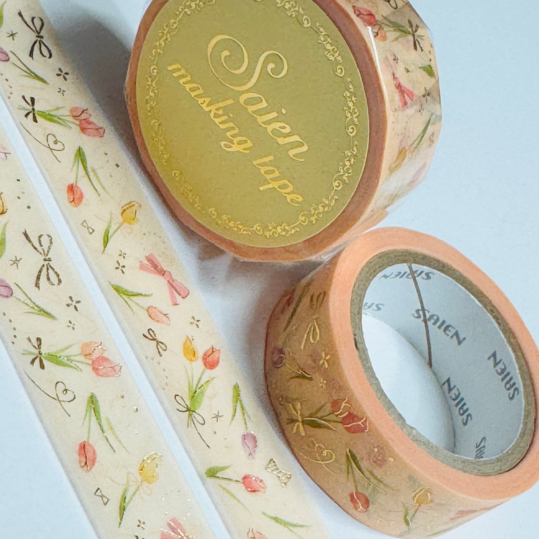 GOLD ROMANTIC TULIPS Floral Foil Saien Masking Washi Tape ~ 1 Roll ~ 15mm x 7m (23 Feet)