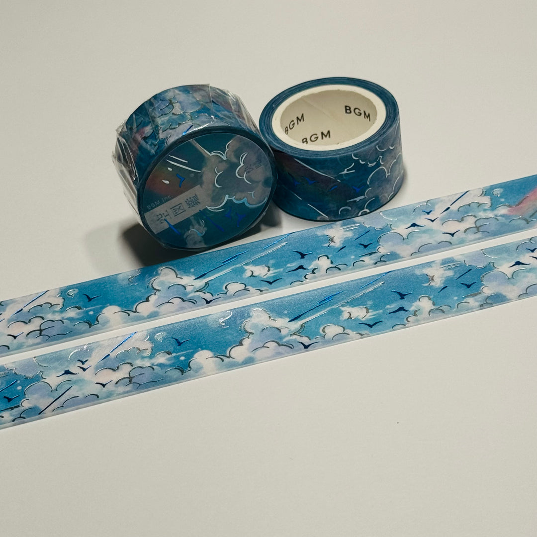 RAINBOWS And CLOUDS With Blue and Silver Foil by BGM Washi Tape ~ 1 Roll ~ 20mm x 5m (16 Feet)